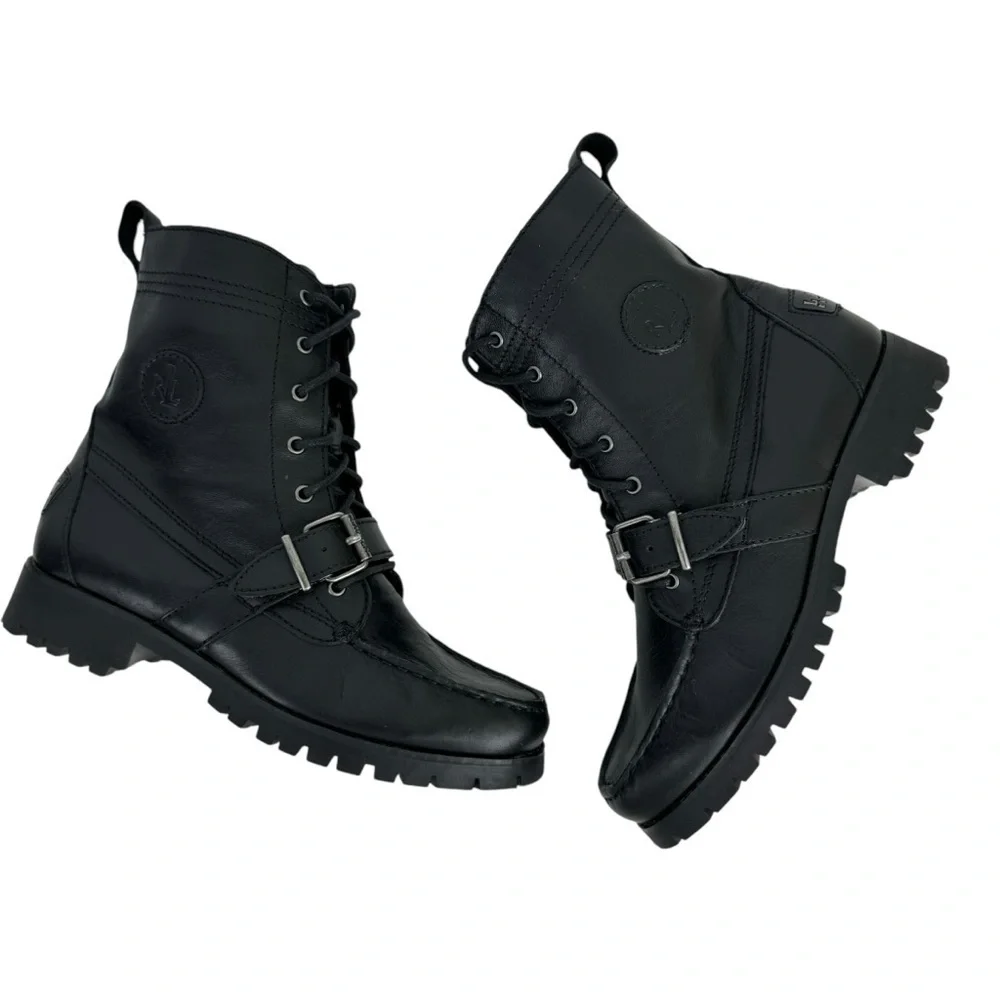 Lauren Ralph Lauren Zera Leather Lace Up Ankle Boots Black Buckle Womens Size 7B